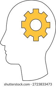 Ilustración vectorial mínima de un perfil de cabeza humana con un engranaje en su interior, que simboliza el pensamiento, la resolución de problemas, la inteligencia y los procesos cognitivos.