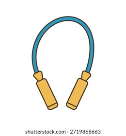 Ilustración vectorial mínima de una cuerda de salto con asas de color amarillo mostaza y cuerda azul brillante sobre un fondo blanco grisáceo liso. Diseño plano limpio que representa cardio, fitness y estilo de vida activo.
