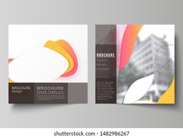 The minimal vector illustration layout of two square format covers design templates for brochure, flyer, magazine. Yellow color gradient abstract dynamic shapes, colorful geometric template design.