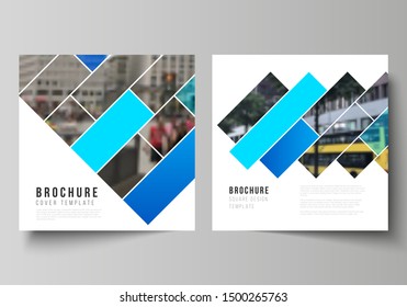 The minimal vector illustration layout of two square format covers design templates for brochure, flyer, magazine. Abstract geometric pattern creative modern blue background with rectangles.