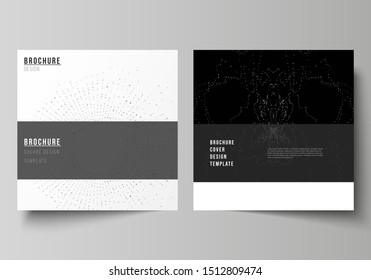 Minimal vector illustration layout of two square format covers design templates for brochure, flyer, magazine. Trendy modern science or technology background with dynamic particles. Cyberspace grid.