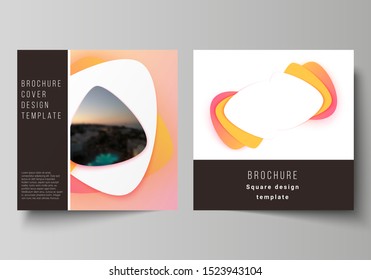 The minimal vector illustration layout of two square format covers design templates for brochure, flyer, magazine. Yellow color gradient abstract dynamic shapes, colorful geometric template design.