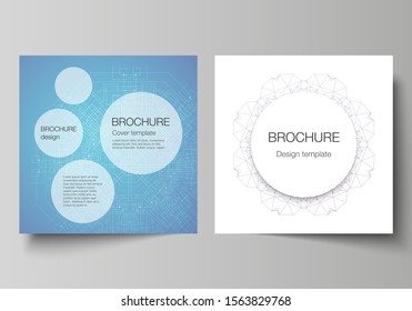 Minimal vector illustration layout of two square format covers design templates for brochure, flyer, magazine. Big Data Visualization, geometric communication background with connected lines and dots.