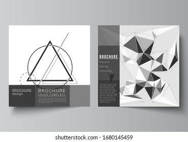 Minimal vector illustration layout of two square format covers design templates for brochure, flyer, magazine. Abstract geometric triangle design background using different triangular style patterns.