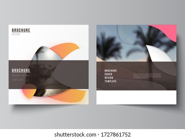 The minimal vector illustration layout of two square format covers design templates for brochure, flyer, magazine. Yellow color gradient abstract dynamic shapes, colorful geometric template design