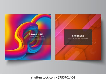 Minimal vector illustration layout of two square format covers design templates for brochure, flyer, magazine. Futuristic technology design, colorful backgrounds with fluid gradient shapes composition