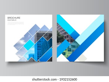 The minimal vector illustration layout of two square format covers design templates for brochure, flyer, magazine. Abstract geometric pattern creative modern blue background with rectangles.