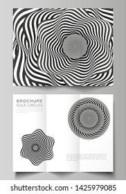 The minimal vector illustration layouts. Modern creative covers design templates for trifold brochure or flyer. Abstract 3D geometrical background with optical illusion black and white design pattern.
