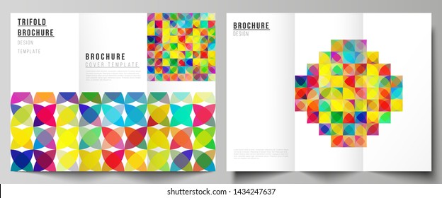 The minimal vector illustration layouts. Modern creative covers design templates for trifold brochure or flyer. Abstract background, geometric mosaic pattern with bright circles, geometric shapes.