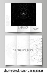 The minimal vector illustration layouts. Modern creative covers design templates for trifold brochure or flyer. Trendy modern science or technology background with dynamic particles. Cyberspace grid.