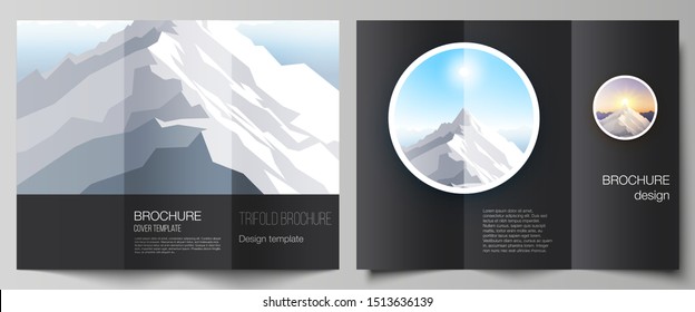 The minimal vector illustration layouts. Modern creative covers design templates for trifold brochure or flyer. Mountain illustration, outdoor adventure. Travel concept background. Flat design vector.