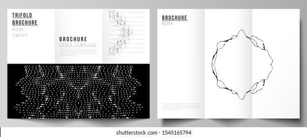 The minimal vector illustration layouts. Modern creative covers design templates for trifold brochure or flyer. Trendy modern science or technology background with dynamic particles. Cyberspace grid.