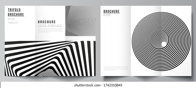 The minimal vector illustration layouts. Modern creative covers design templates for trifold brochure or flyer. Abstract 3D geometrical background with optical illusion black and white design pattern.