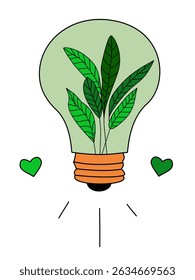 Minimal vector illustration of a light bulb with green leaves inside and heart symbols around, representing love for nature and eco-friendly ideas.