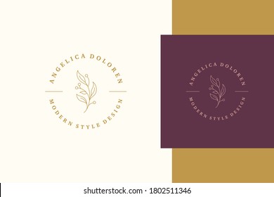 Minimal vector illustration of linear emblem template with plant branch with leaves and berries created for modern style design company line style