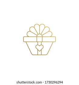 Minimal vector illustration of linear style emblem of present box with tied ribbon and heart hand drawn with golden lines