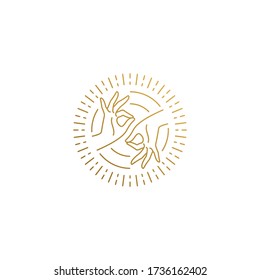 Minimal vector illustration of linear style emblem template of female hands doing Mudra of Knowledge in shiny circle drawn with golden lines