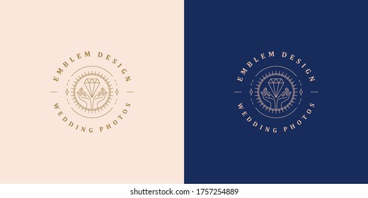 Minimal vector illustration of linear style emblem template with female hands holding luxury diamond designed for jewelry shop product packaging line style