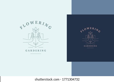 Ilustración vectorial mínima del logotipo de estilo lineal con manos femeninas elegantes tocando flores en crecimiento contra el escudo diseñado para el estilo de la línea de taller de jardinería