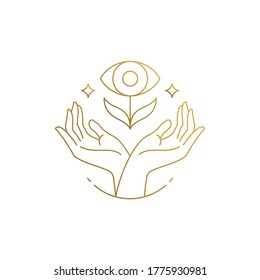 Minimal vector illustration of linear style emblem design template of crop hands holding mystical eye flower drawn with golden lines