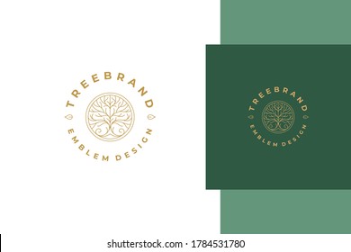 Minimal vector illustration of linear style emblem template design with elegant ornamental tree in circle created for natural product packaging line style