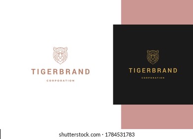Ilustración vectorial mínima del emblema de estilo lineal con cabeza de tigre geométrica simple como depredador de ápice diseñado para el estilo de línea de la empresa de negocios moderna