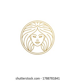 Ilustración mínima vectorial estilo lineal plantilla de emblema mujer cara con hermosa mano de cabello dibujada con líneas doradas