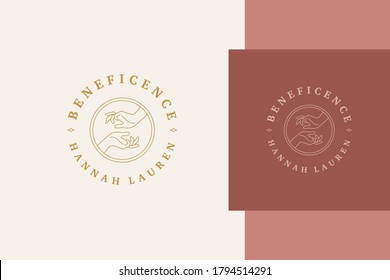 Minimal vector illustration of linear style emblem template with female hands reaching each other in act good will circle designed for charitable organization line style.