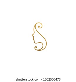 Minimal vector illustration of linear style logo design template of elegant female profile with curls hand drawn with golden lines