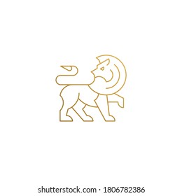 Minimal vector illustration of linear style logo design template of elegant stylized walking lion hand drawn with thin golden lines