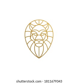Ilustración vectorial mínima del diseño del logo de estilo lineal de la cabeza de león geométrica dorada como depredador de ápice agresivo