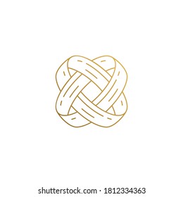 Ilustración mínima vectorial de diseño de logotipo de estilo lineal de los anillos de compromiso entrelazados para la ceremonia de boda dibujados a mano con líneas doradas