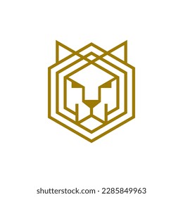 Minimal vector illustration of linear style emblem design template of geometric head of tiger as apex predator drawn with golden lines