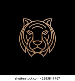 Minimal vector illustration of linear style emblem design template of geometric head of tiger as apex predator drawn with golden lines