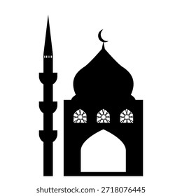 Minimale Vektorgrafik der Moschee mit Kuppel und hohem Minarett. Islamische Eid Mubarak Thema Silhouette Design