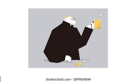 Minimal vector illustration of Mr.Bear relaxing his time with honey.Calm lonely single bear with favorite drink.Concept of good moment.