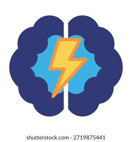 Ilustração vetorial mínima de um cérebro azul-marinho e azul-celeste com raio mostarda em um fundo branco. Design plano limpo que representa foco, energia mental e bem-estar cognitivo.