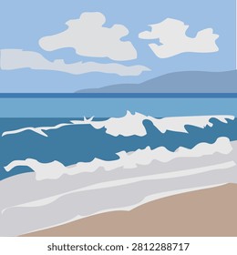 Minimal vector illustration of ocean waves rolling onto a sandy beach under a blue sky with clouds. Calm coastal landscape for travel, summer, and seaside themes.