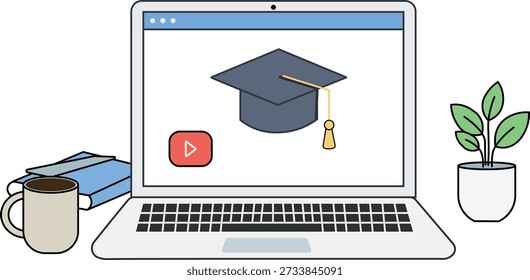 Ilustração vetorial mínima do conceito de educação on-line com laptop mostrando boné de graduação e ícone de reprodução de vídeo, caneca de café, livros e planta no espaço de trabalho. Adequado para e-learning, cursos on-line, ensino à distância e conteúdo de tecnologia educacional.