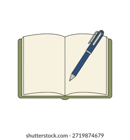 Ilustración vectorial mínima de un diario abierto con páginas crema, cubierta de oliva y pluma azul marino sobre un fondo beige claro. Diseño plano limpio que representa la reflexión, la atención plena y el diario de bienestar.