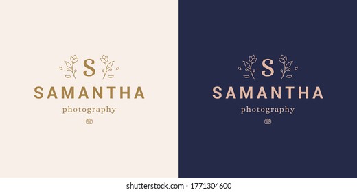 Ilustración vectorial mínima de la plantilla de emblema de contorno con flores elegantes alrededor de la letra S diseñada para el estilo de línea de tienda de cosméticos