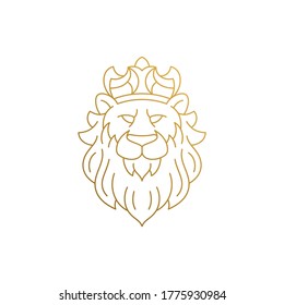 Minimal vector illustration of outline emblem of gorgeous lion in crown as king of animals hand drawn with golden lines