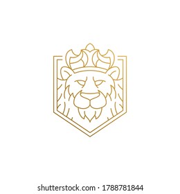 Minimal vector illustration of outline emblem of gorgeous lion in crown as king of animals hand drawn with golden lines