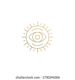 Minimal vector illustration of outline graphic logo template of golden sun with eye of providence hand drawn with thin lines