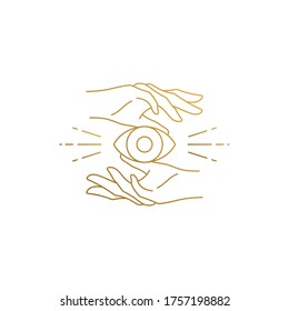 Minimal vector illustration of outline graphic emblem template of female hands of fortune teller holding eye of providence drawn with golden lines