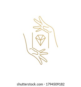 Ilustración mínima vectorial de la plantilla de diseño gráfico de contorno de manos femeninas que tienen diamantes costosos y simbolizan la industria de joyería dibujada con líneas doradas