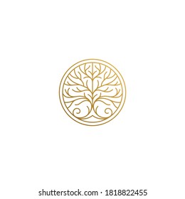 Ilustración mínima vectorial de la plantilla de diseño del logo gráfico de contorno de un elegante árbol ornamental en marco redondo dorado dibujado con líneas doradas