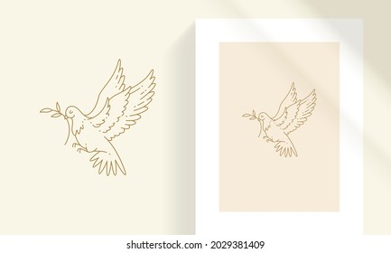 Minimal vector illustration of outline graphic emblem template of flying pigeon bird with tree branch in beak representing peace and hope symbol