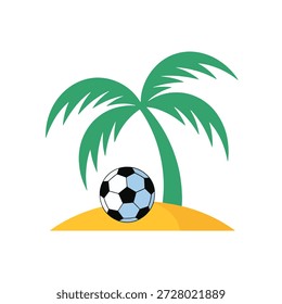 Ilustração vetorial mínima de uma palmeira com uma bola, criando uma cena tropical relaxada. Design simples e limpo, ideal para o verão, férias, praia e projetos de lazer temáticos.