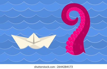 Minimal vector illustration of a paper boat floating on the sea near a large pink tentacle emerging from the water. Playful, abstract, and imaginative ocean scene